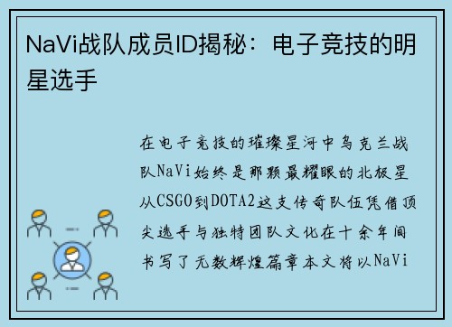 NaVi战队成员ID揭秘：电子竞技的明星选手